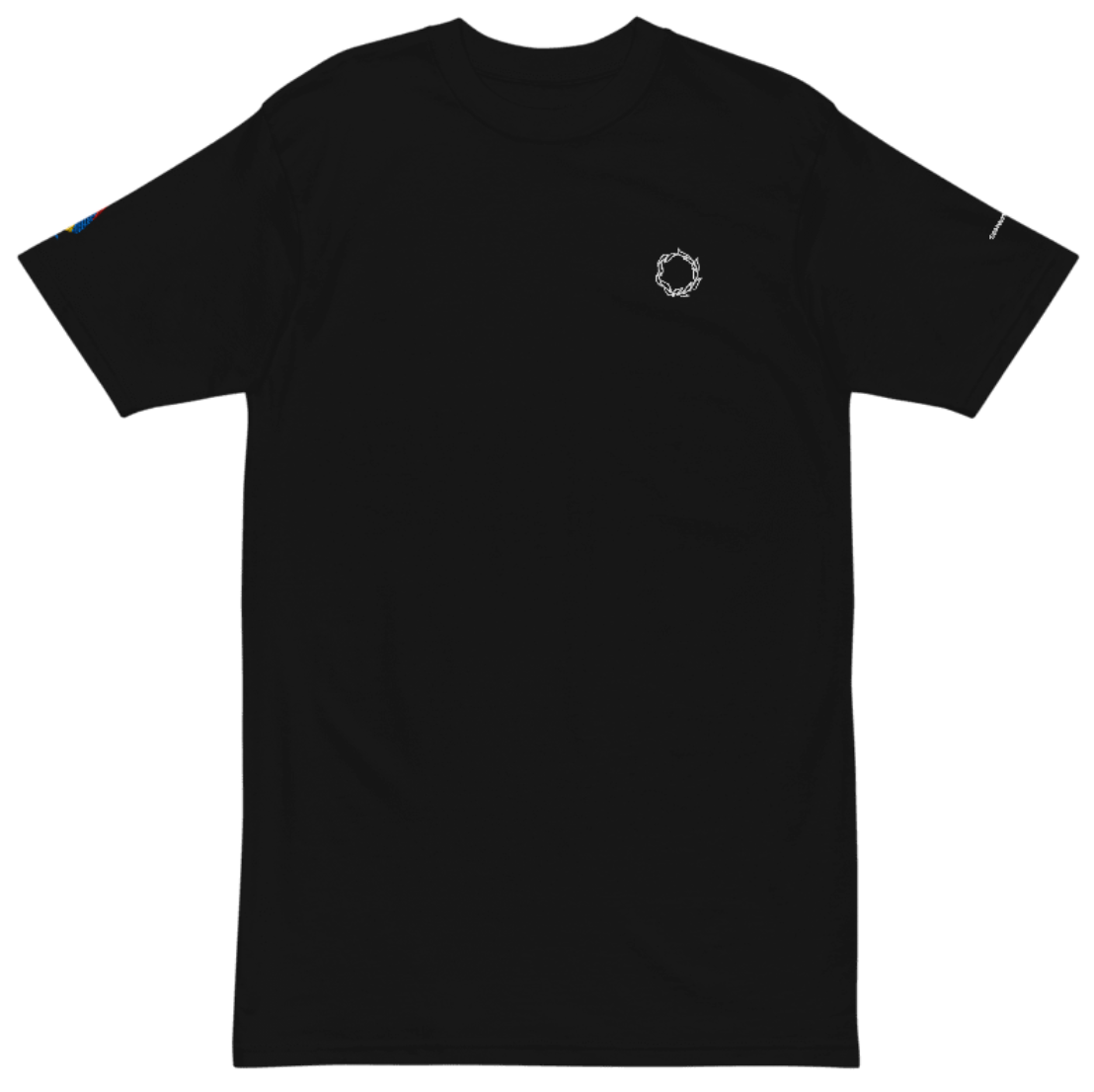 Flat lay front view of SCHWITT SHOT Yerevan, Armenia black T-shirt with minimalist design