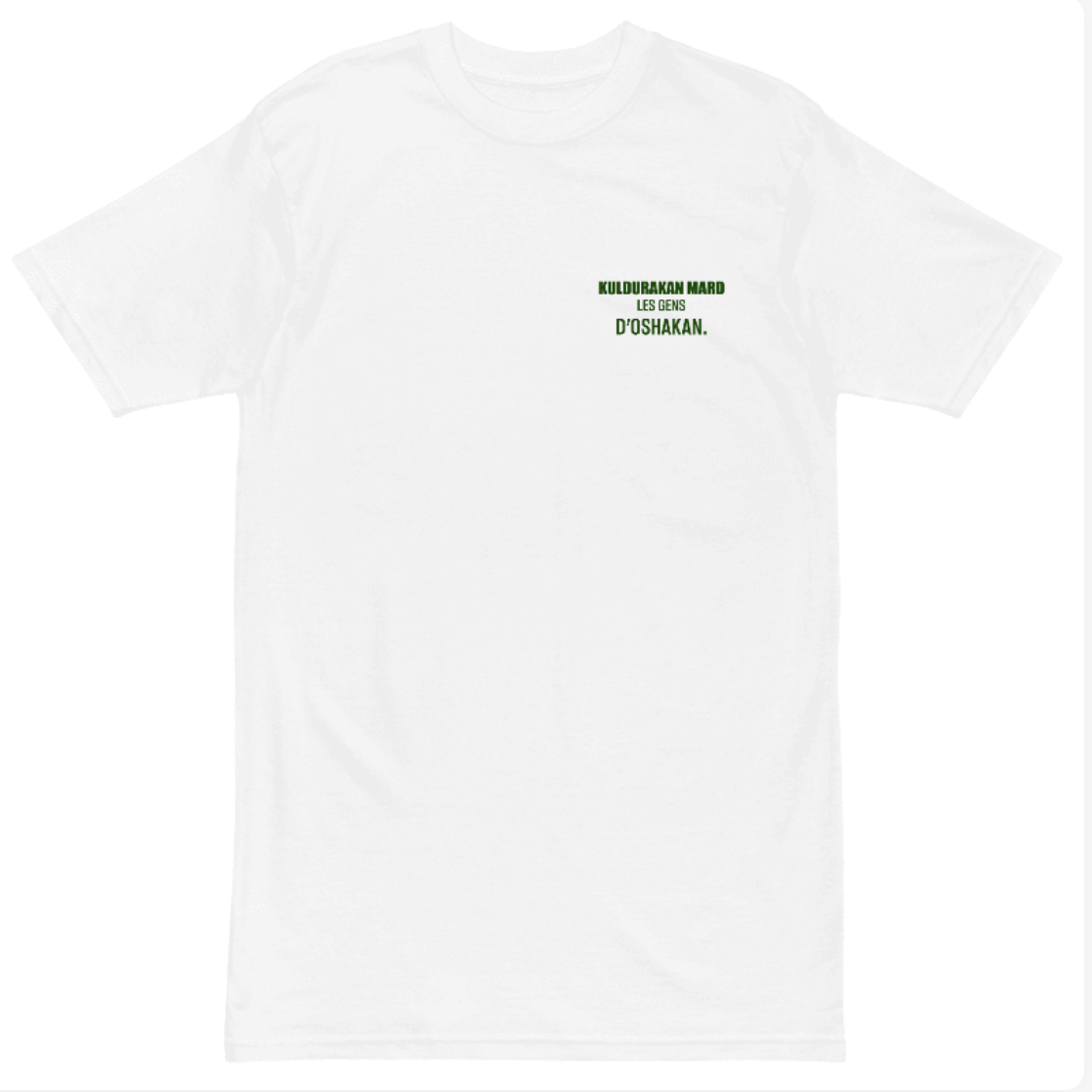 Flat lay front view of white Kuldurakan Mard T-shirt with Les Gens d’Oshakan text in green