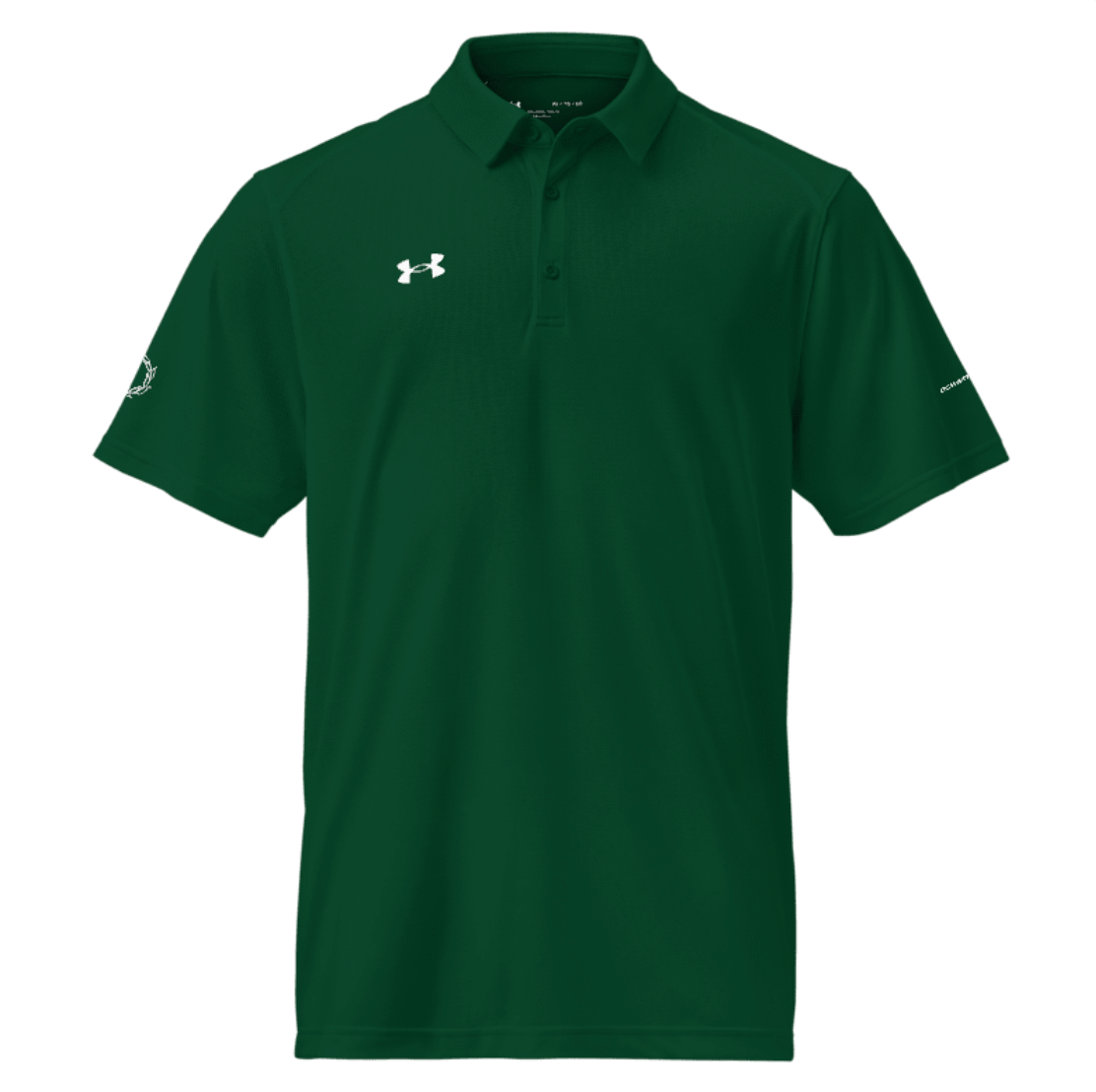 Front view of Under Armour x SCHWITT SHOT green polo