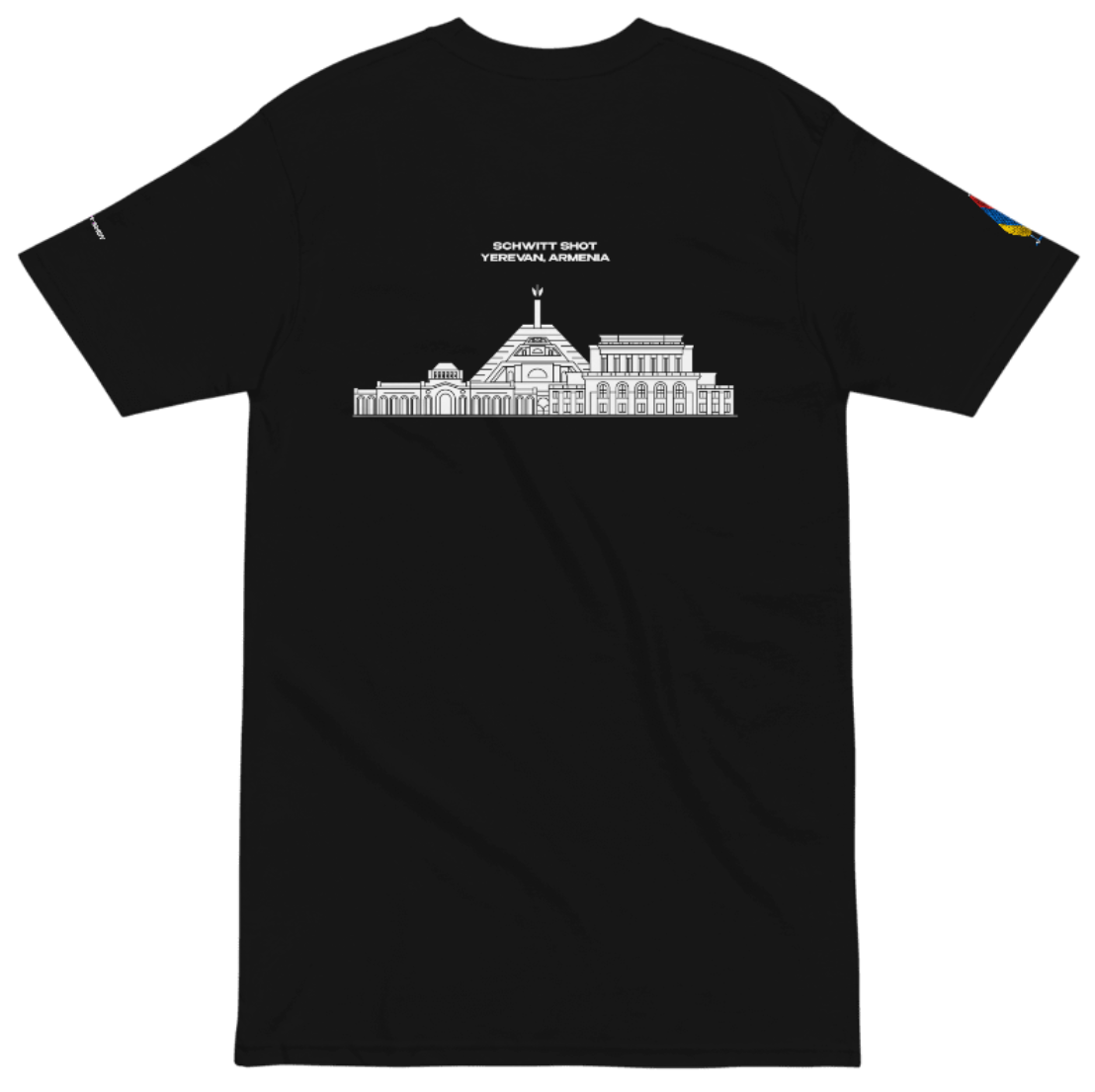 Flat lay back view of SCHWITT SHOT Yerevan Armenia black T-shirt featuring vector artwork of Cascade, Opera, and Republic Square