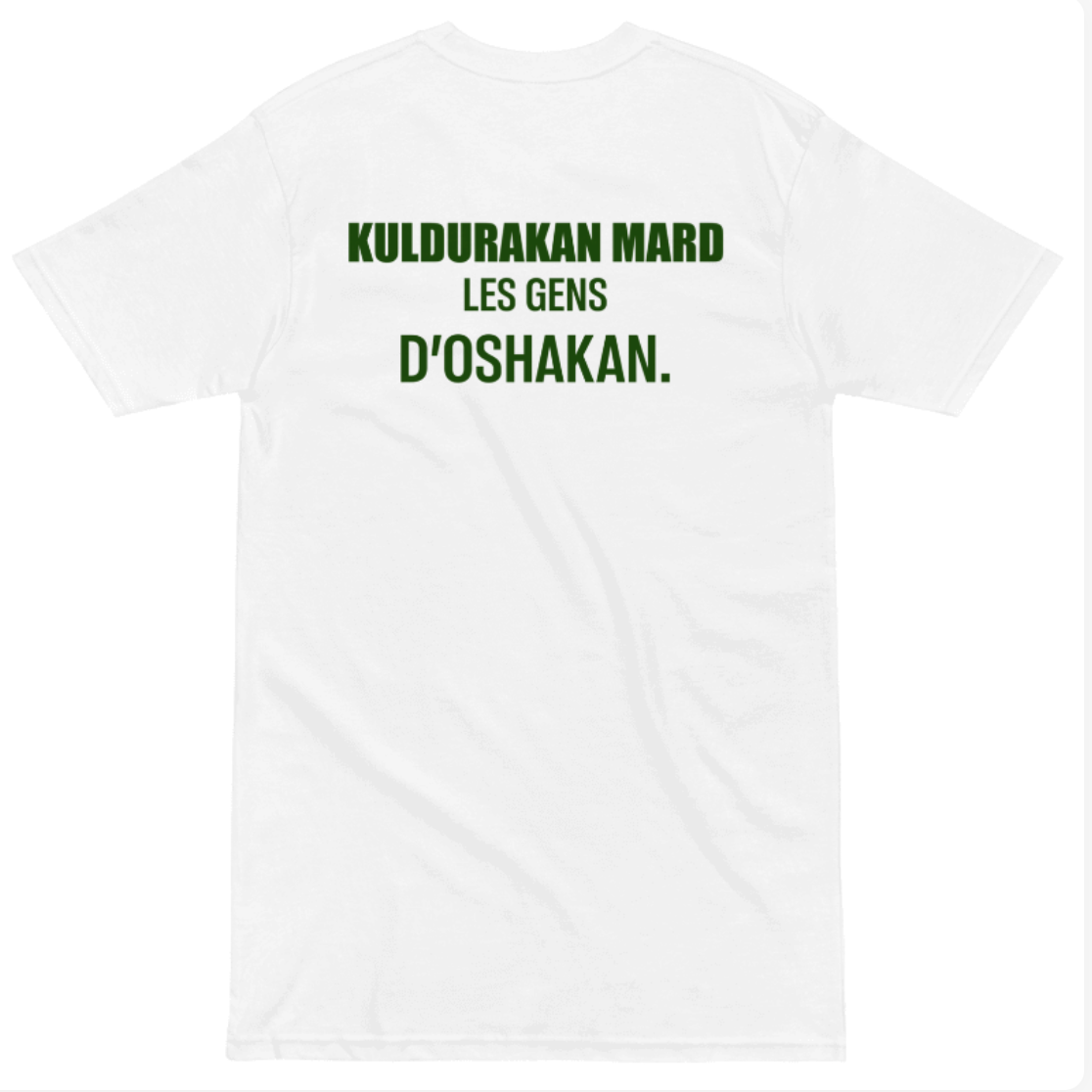 Flat lay back view of white Kuldurakan Mard T-shirt with Les Gens d’Oshakan text in green