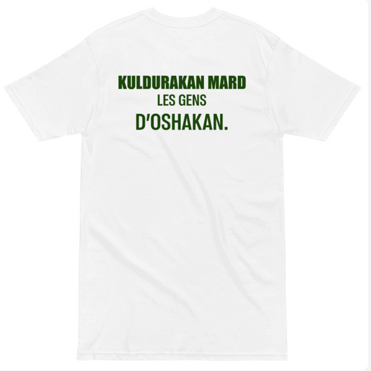 Flat lay back view of white Kuldurakan Mard T-shirt with Les Gens d’Oshakan text in green