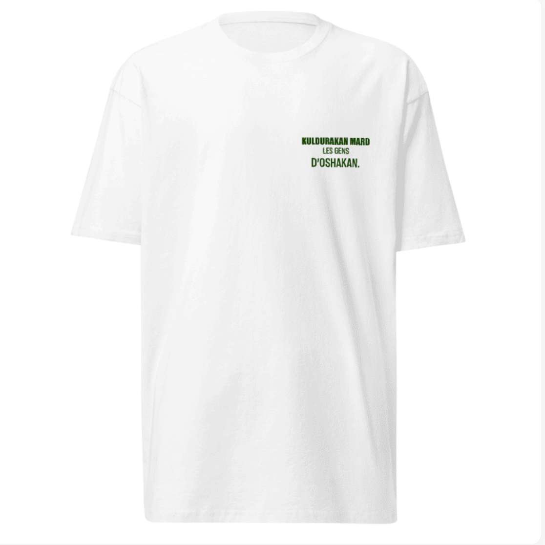 Front view of white Kuldurakan Mard T-shirt with Les Gens d’Oshakan text in green