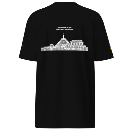 Back view of SCHWITT SHOT Yerevan Armenia black T-shirt with vector artwork of Cascade, Opera, and Republic Square