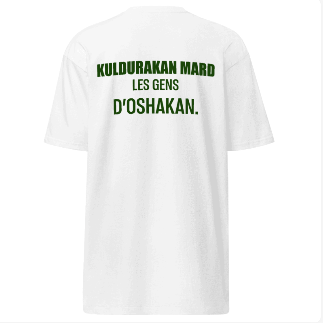 Back view of white Kuldurakan Mard T-shirt with Les Gens d’Oshakan text in green