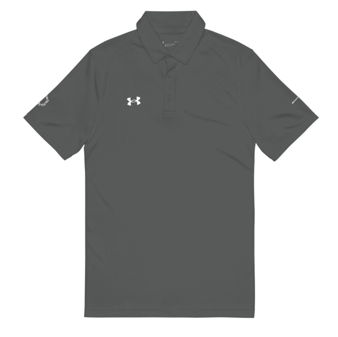 Flat lay front view of Under Armour x SCHWITT SHOT grey polo