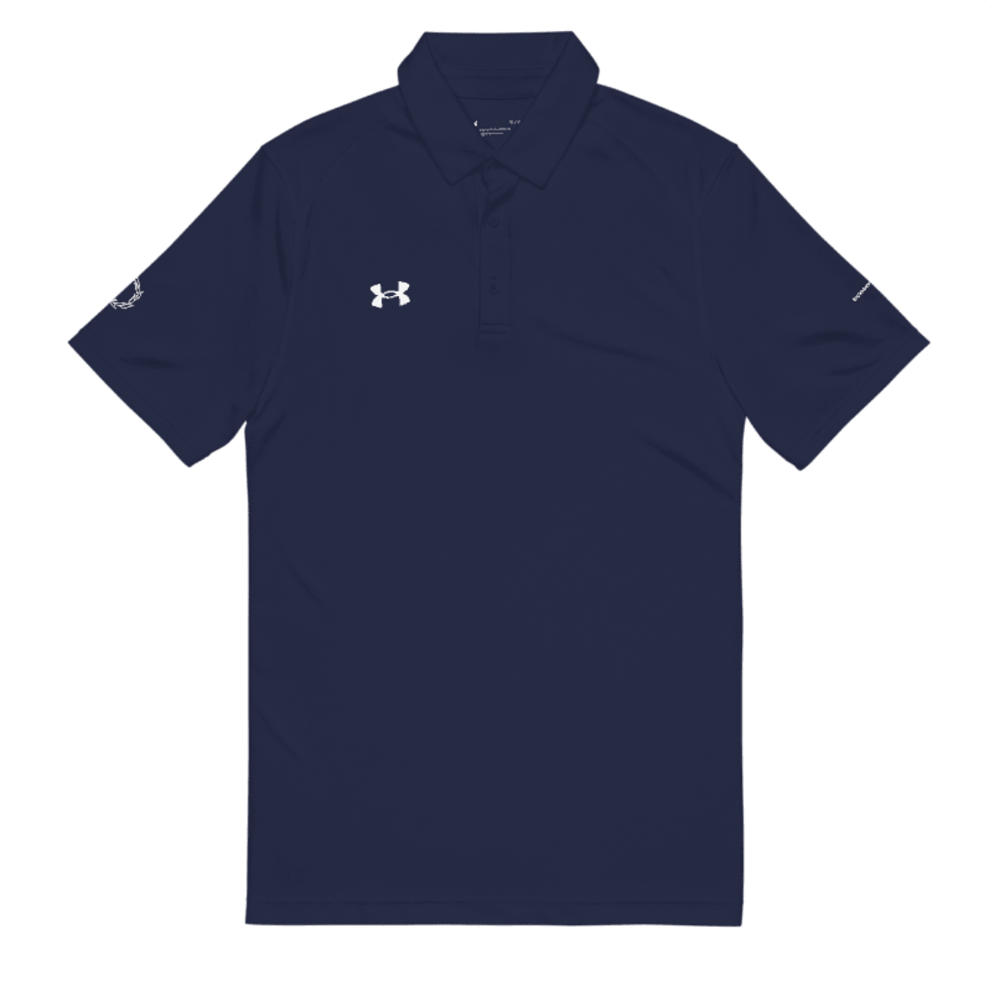 Flat lay front view of Under Armour x SCHWITT SHOT navy blue polo