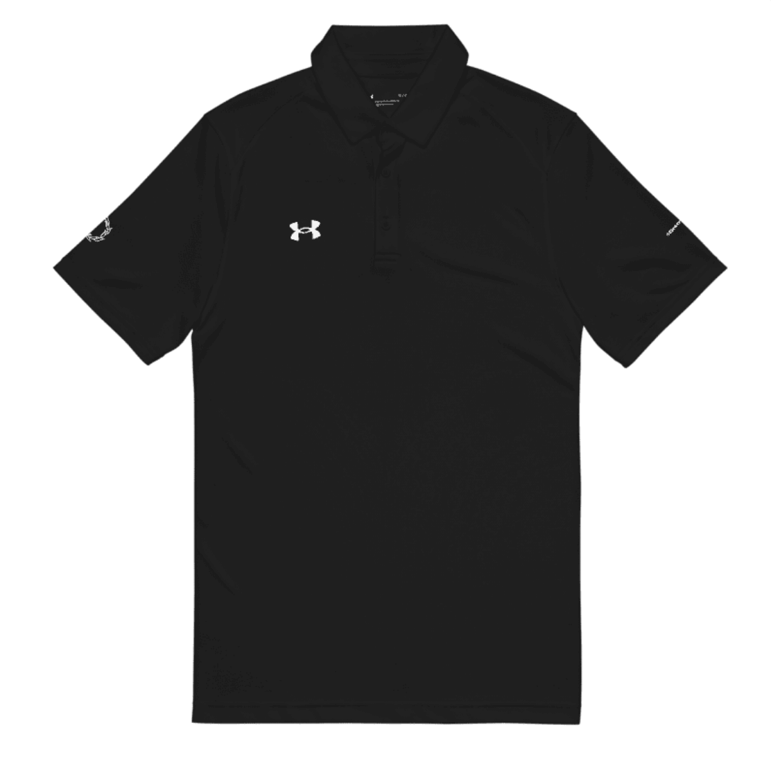 Flat lay front view of Under Armour x SCHWITT SHOT black polo