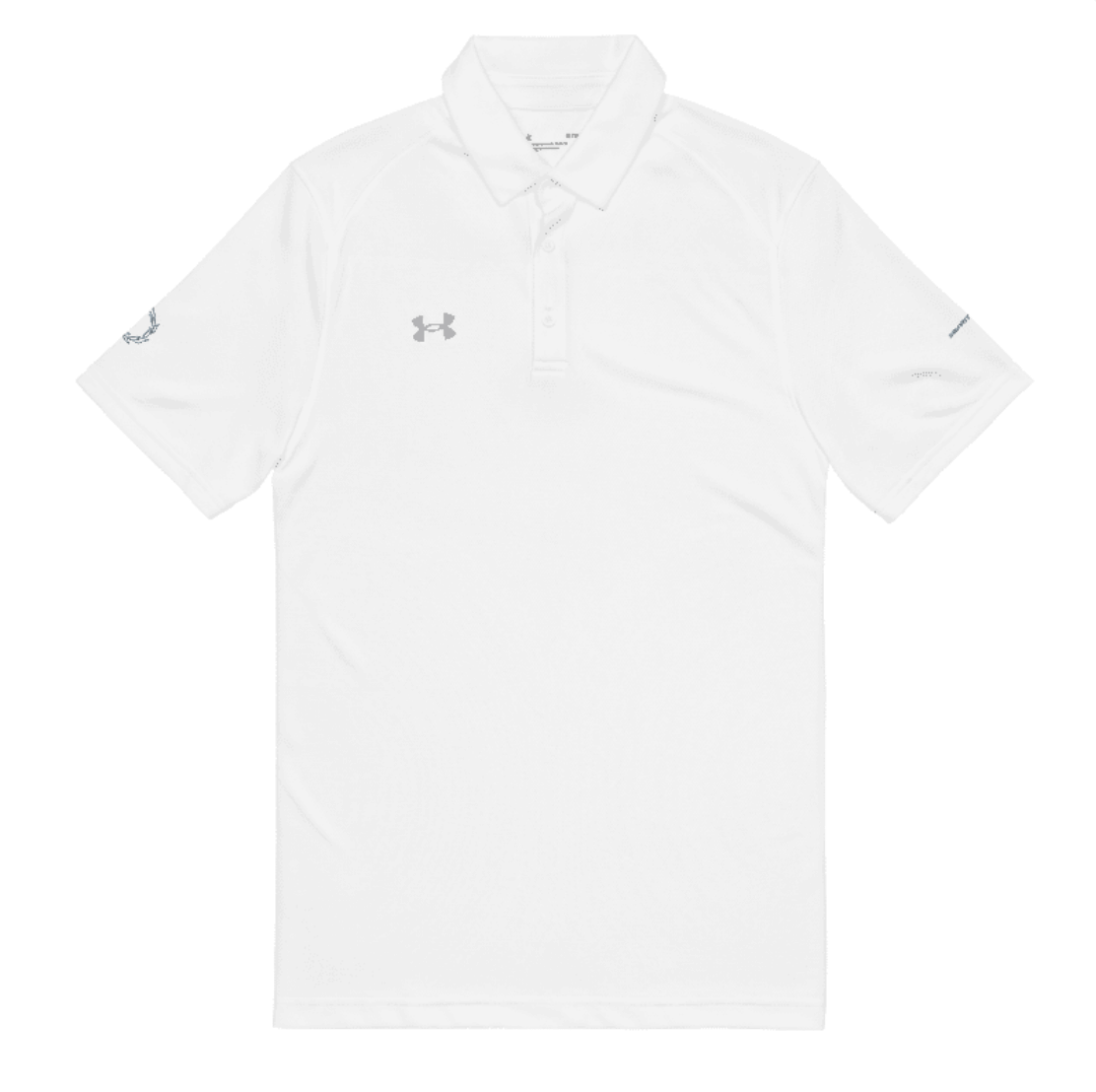 Flat lay front view of Under Armour x SCHWITT SHOT white polo