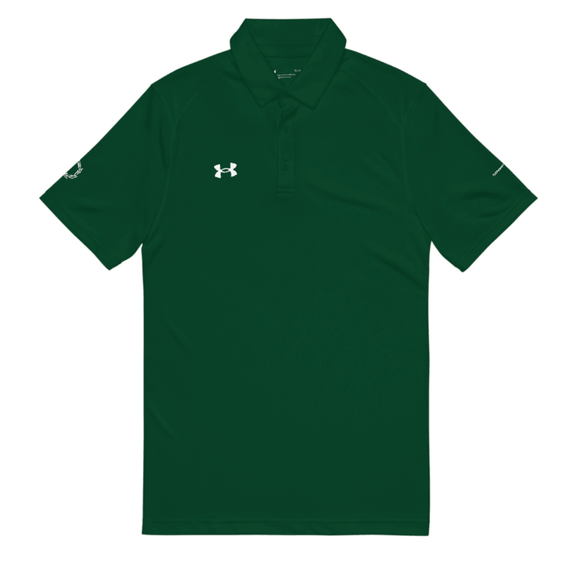 Flat lay front view of Under Armour x SCHWITT SHOT green polo