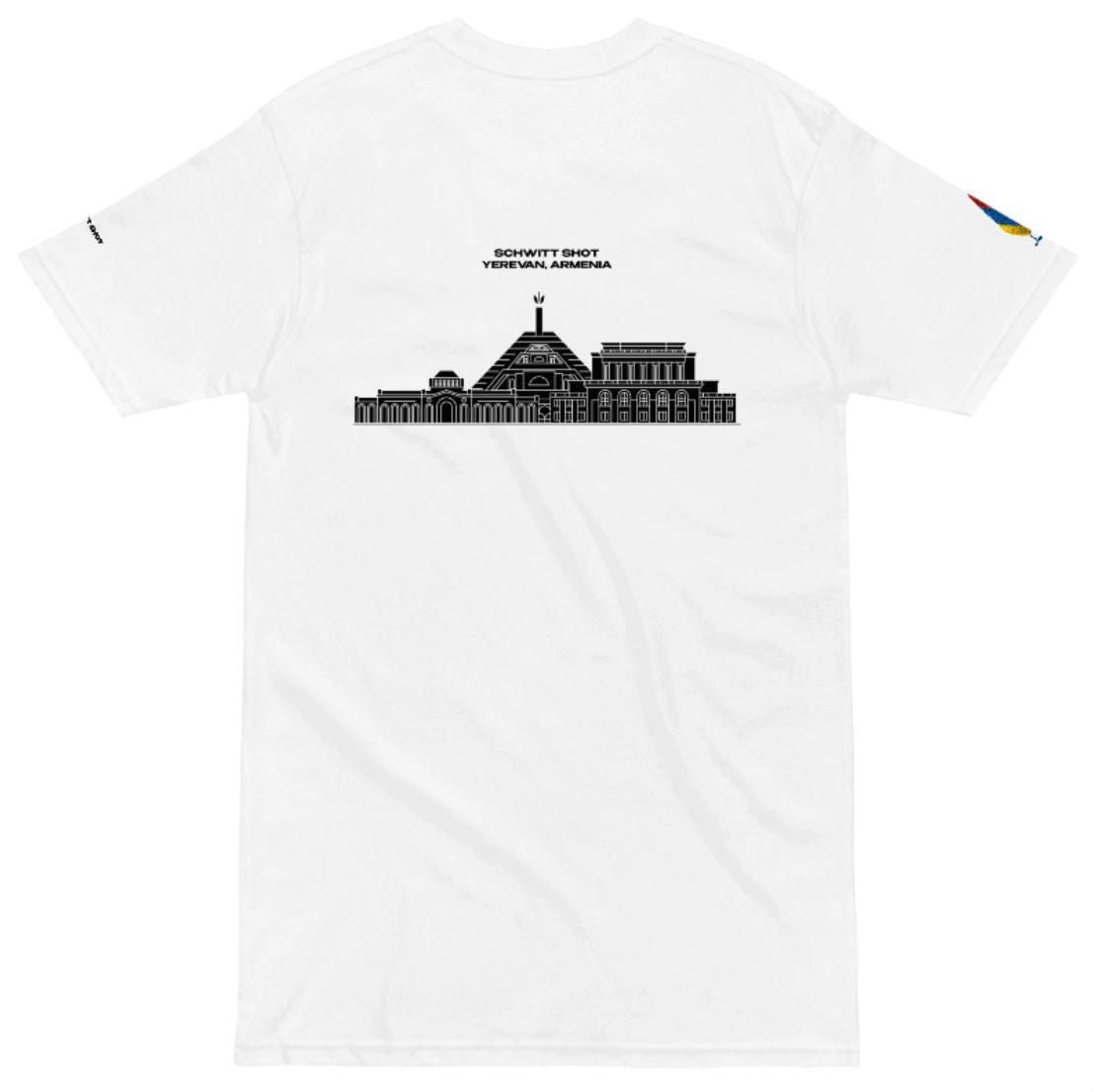 Flat lay back view of SCHWITT SHOT Yerevan Armenia white T-shirt featuring vector artwork of Cascade, Opera, and Republic Square