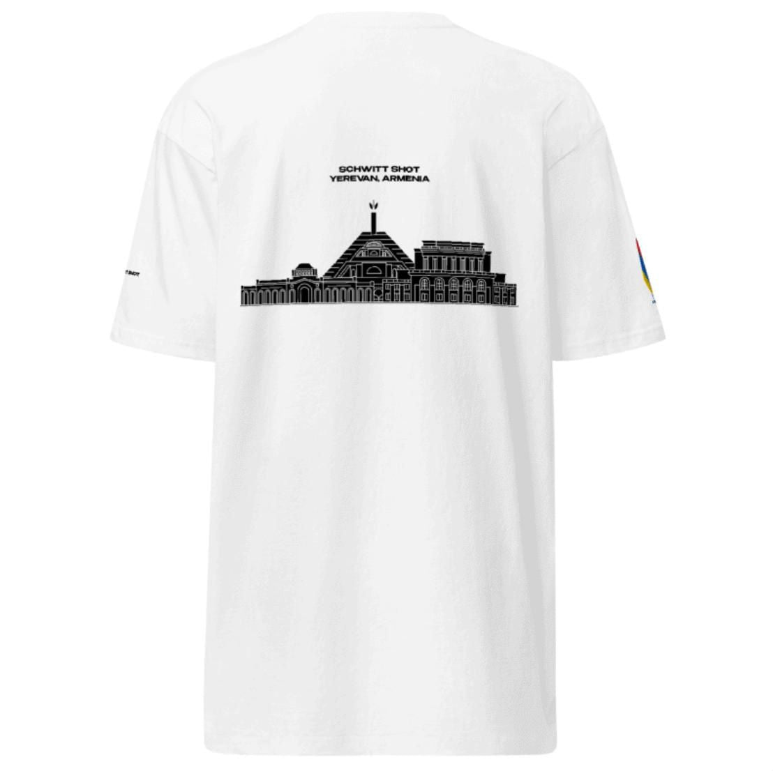 Back view of SCHWITT SHOT Yerevan Armenia white T-shirt with vector artwork of Cascade, Opera, and Republic Square