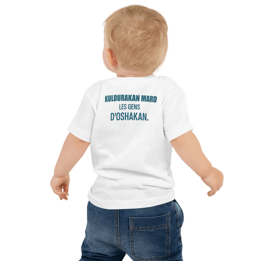 Toddler wearing a white KULDURAKAN MARD t-shirt featuring 'Les Gens d'Oshakan' text on the back.